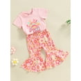 thumbnail image 4 of Kids Toddler Baby Girl Clothes Short Sleeve Crew Neck Letter Print T-Shirts + Floral Print Flare Bell Bottom Pants Set, 4 of 9