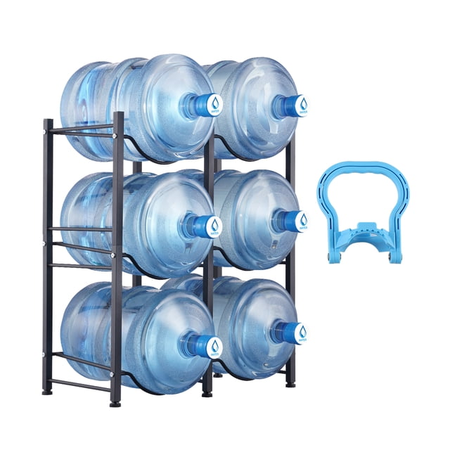 VEVOR 3 Tiers Water Jug Holder Double Row Water Bottle Rack for 6 Bottles in black. The rack is made of durable cast iron with a rust-resistant finish and features a double-row design with three tiers, holding up to six large water bottles. The vertical structure measures 25 x 13 x 29.1 inches and supports up to 251.3 lbs. Adjustable feet ensure stability on uneven surfaces, while high guardrails and shelf grooves prevent bottles from sliding. A blue bottle handle accessory is included, shown next to the rack.