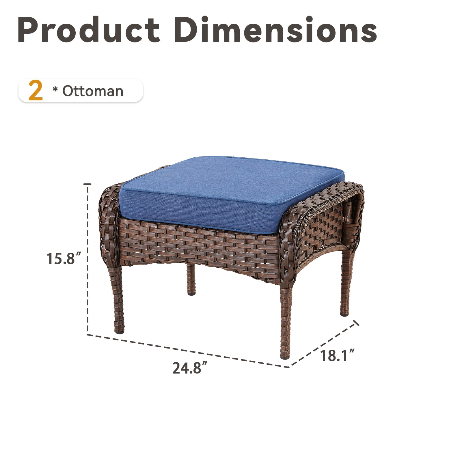 Hommoo Outdoor PE Wicker Ottomans Set of 2, Patio Brown Rattan Footrests with Cushion for Backyard or Deck, Blue