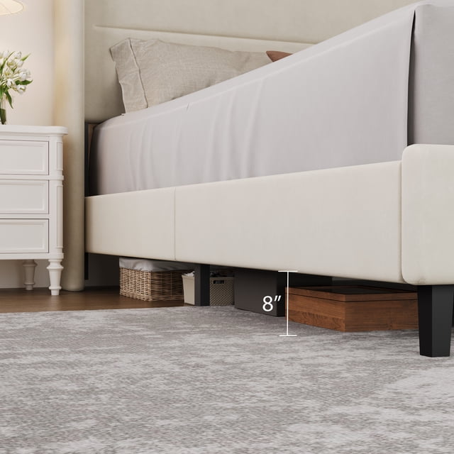 Soft Upholstered Platform Bed Frame with Wingback Headboard – Sturdy Wooden Slats, No Box Spring Needed, Noise-Free, Easy Assembly – Full Size, Offwhite Flannel