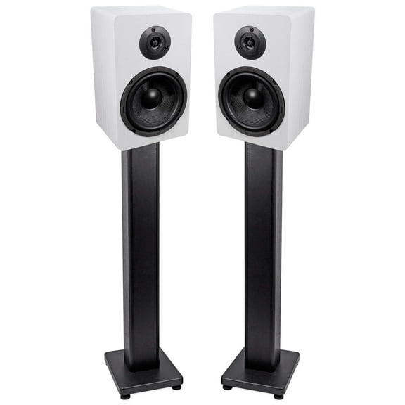 Pair Rockville RockShelf 68W White 6.5" Home Bookshelf Speakers   28" Stands