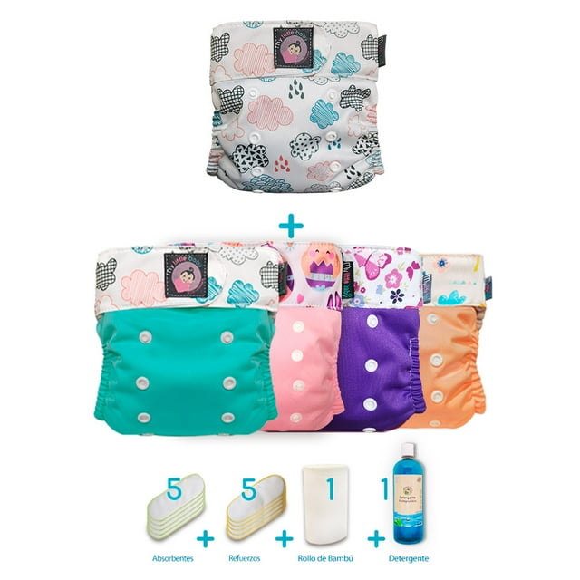 Pack 5 pañal ecológico My Little Baby unitalla con detergente y rollo