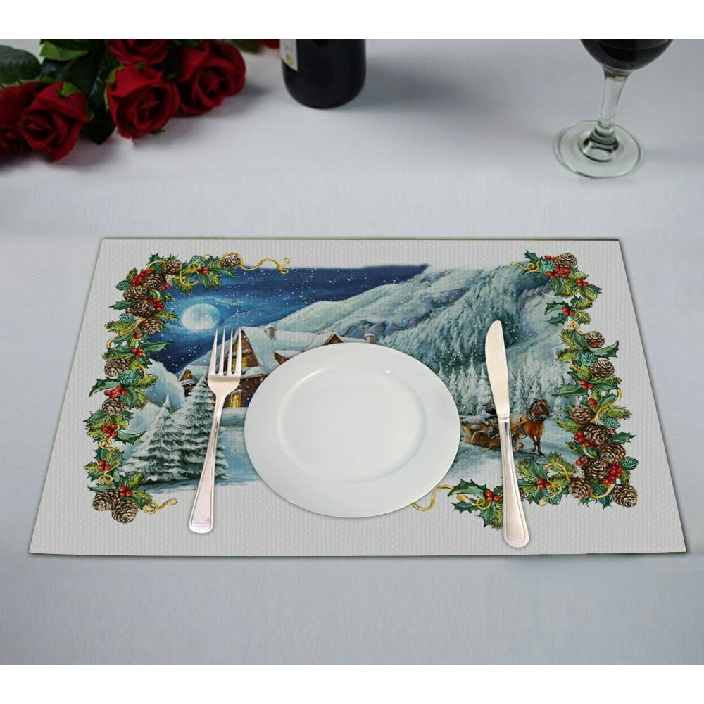 GCKG Snow Placemat, Christmas Winter Happy Scene Placemat 12x18 Inch