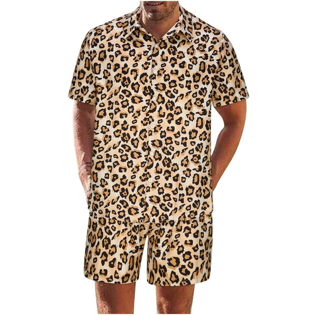 Birdeem Ensembles pour Hommes Chemise et Shorts Mode Décontractée Imprimé Léopard Manches Courtes Col Rabattu Blouses Ensembles