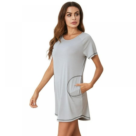 

BRAND CLEARANCE! Women s Short Sleeve Nightgown Comfy Loose Sleepwear Round Neck Side Pockets Homewear Dress For Summer S-XXL