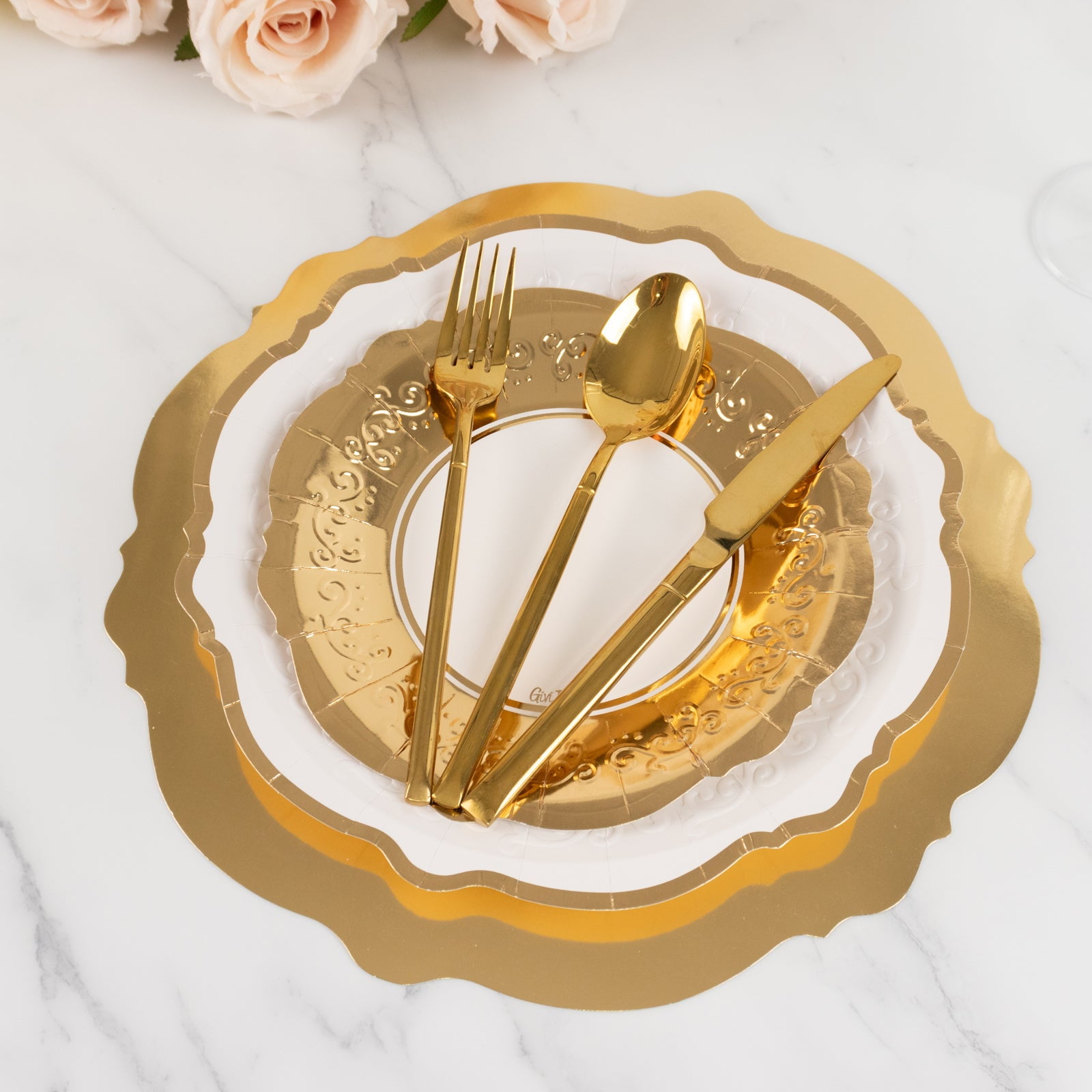 Efavormart 75 Pcs White Gold Heavy Duty Paper Plates with Embossed Scalloped Rim, Round Disposable Charger Dinner Salad Party Plates - 8",10",13"