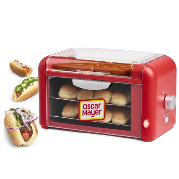 Nostalgia Oscar Mayer - Horno tostador extragrande con 8 rodillos y bollos para perritos calientes, rodillos de parrilla de acero inoxidable, estantes de calentamiento antiadherentes, perfectos para