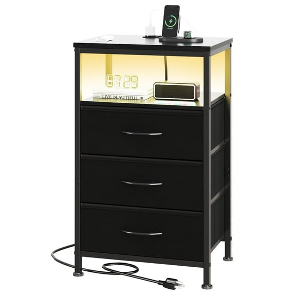 edx 3 Fabric Drawers Nightstand with Charging Station & USB/Type-C Ports and Outlets, Variable Light Strip Bedside End Table with Adjustable Feet for Bedroom, Black