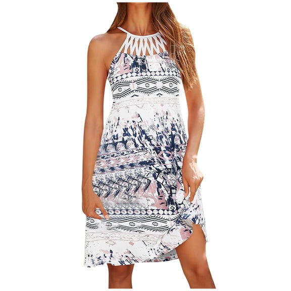 Nrmvnmi Womens Summer Halter Neck Hollow Out Sleeveless Dress Floral Print Beach Boho Short Mini Sundresses White XLMothers Day Gifts