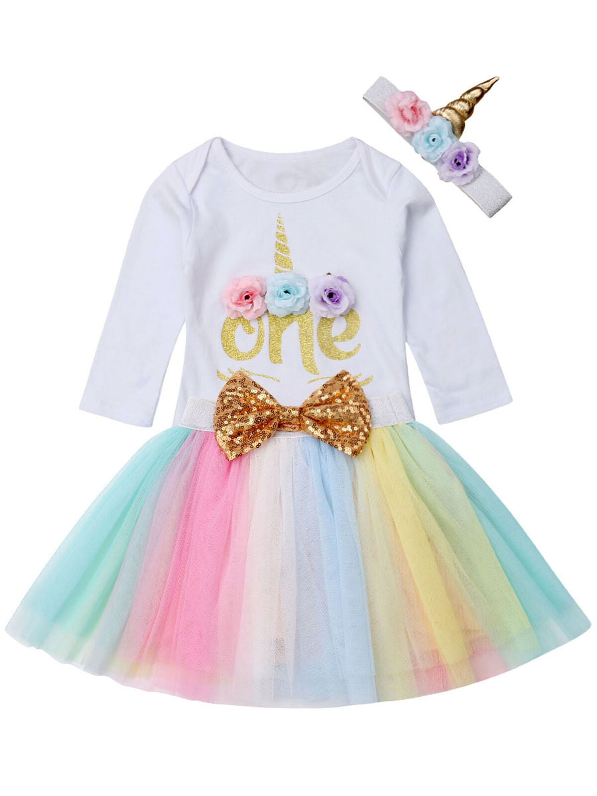 3pcs Infant Girls Romper Tutu Dress Headband Outfit 1st Birthday Party Clothes 