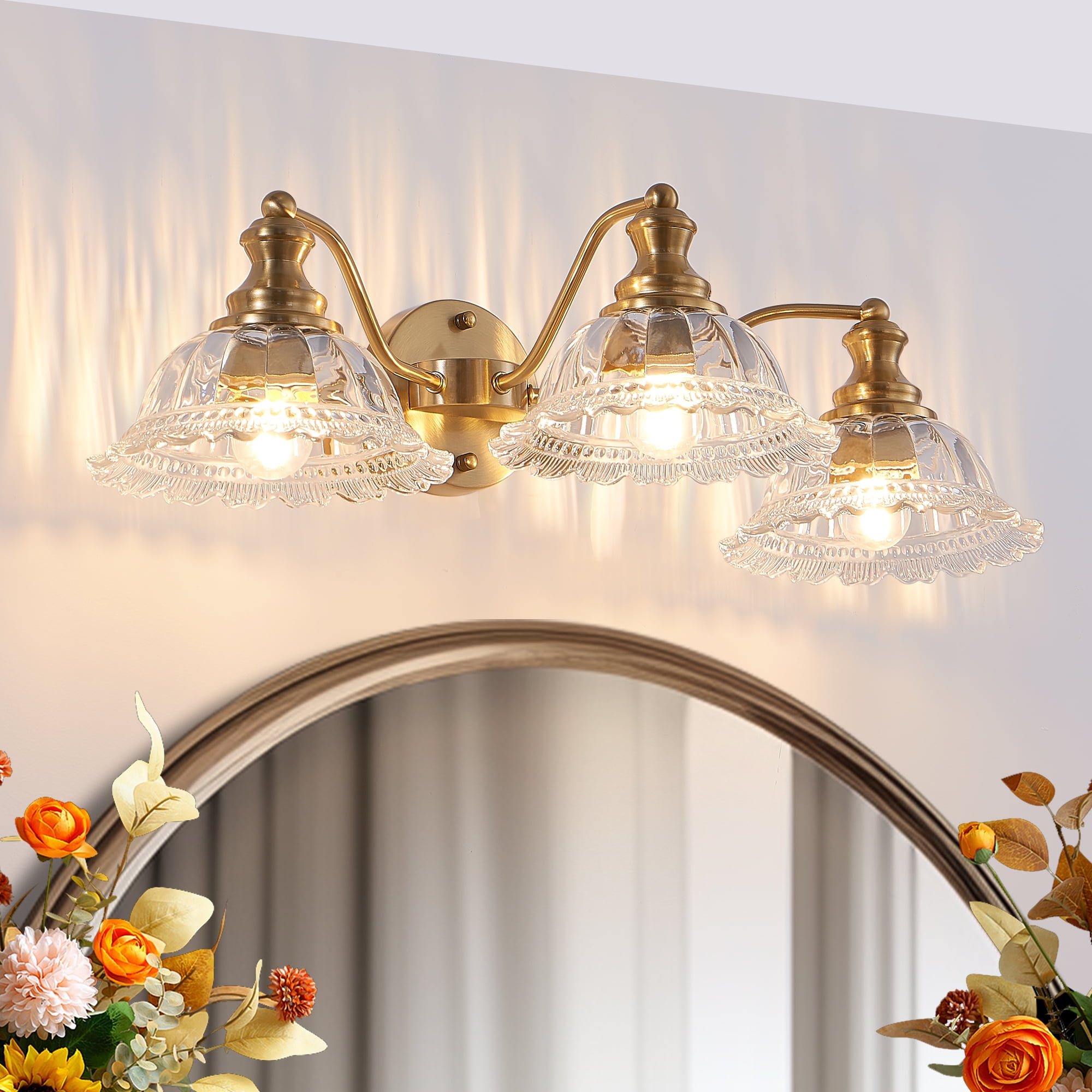 Jopath 24" 3-Light Vintage Bathroom Wall Sconce,Golden Metal and Glass Lampshade Vanity Light Fixture for Bathroom Hallway Bedroom (Bulb Not Included)