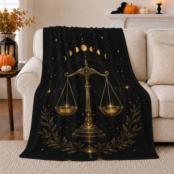 Celestial Libra Zodiac Scale Moon Phases Stars, Mystical Celestial Art Scene, Warm Flannel Blanket for Living Room and Bedroom, Celestial Art Lovers Housewarming Gift, Celestial Home Decor