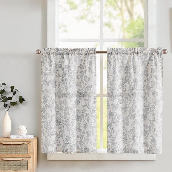 Gray Floral Kitchen Curtains 36 Inch Length, Linen Farmhouse Cafe Curtains Small Rustic Country Curtains Rod Pocket Tier Curtains, Set 2 Panels Grey on Beige