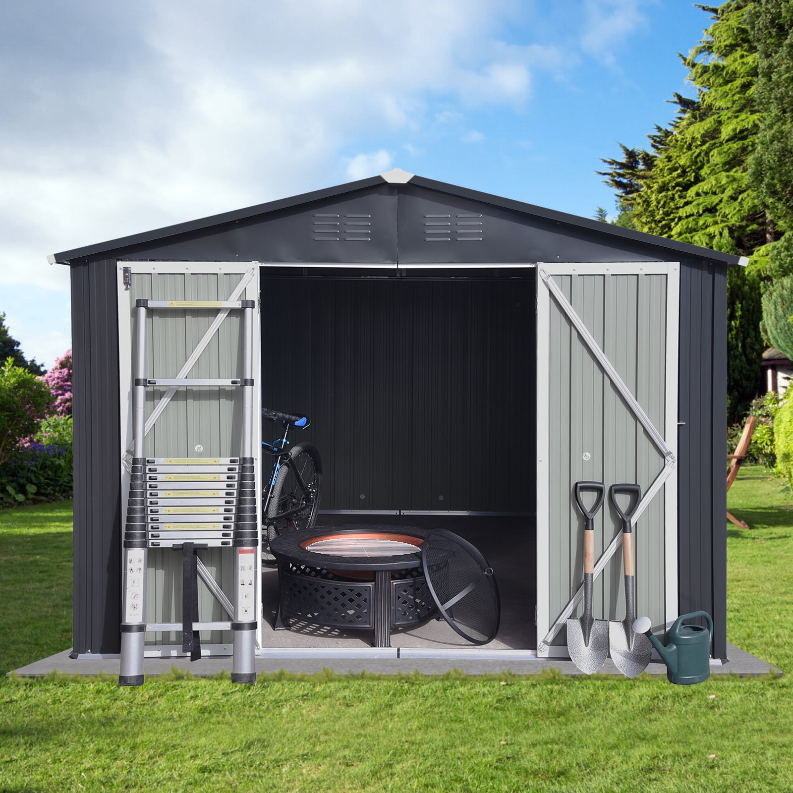 10x12FT Outdoor Metal Storage Shed Tool Bike Generator Weatherproof with Shutter Vents Floor for Garden Patio Backyard, Dark Gray