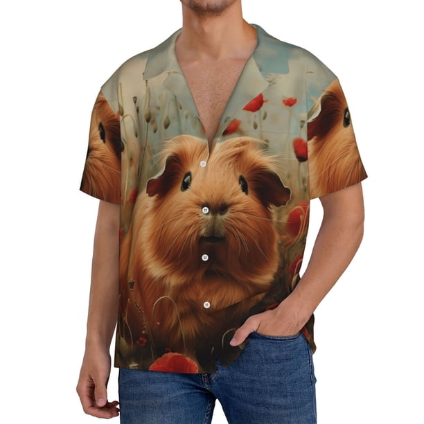 Balery Rose Cute Guinea Pig Camisa Casual de Manga Corta con Botones para Hombre, Texturizada, Estilo Cubano, para Playa, Verano-Large