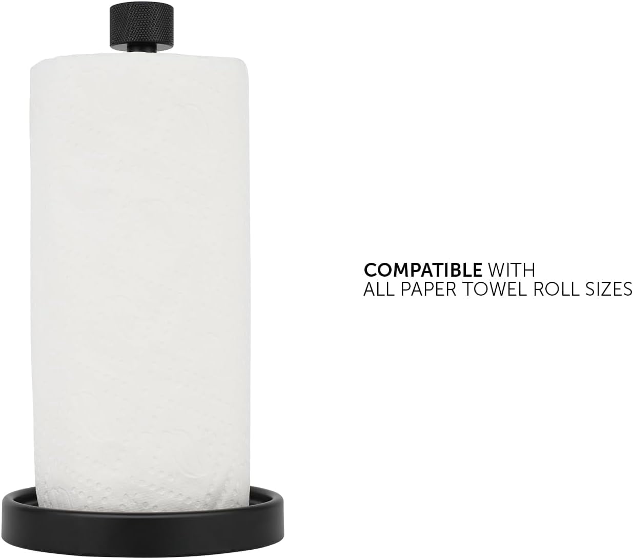 Countertop Paper Towel Holder - Modern Knurling End Cap Minimalist Design - Fits All Paper Towel Roll Sizes - Color Black
