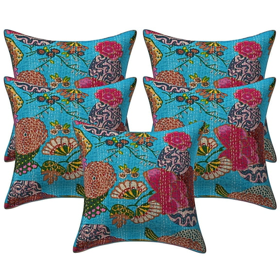 Stylo Culture Indian Sofa Throw Pillow Covers 16 x 16 Kantha Turquoise Printed 40 x 40 cm Living Room Toss Pillow Case Cotton Tropicana Square Cushion Covers | Set Of 5