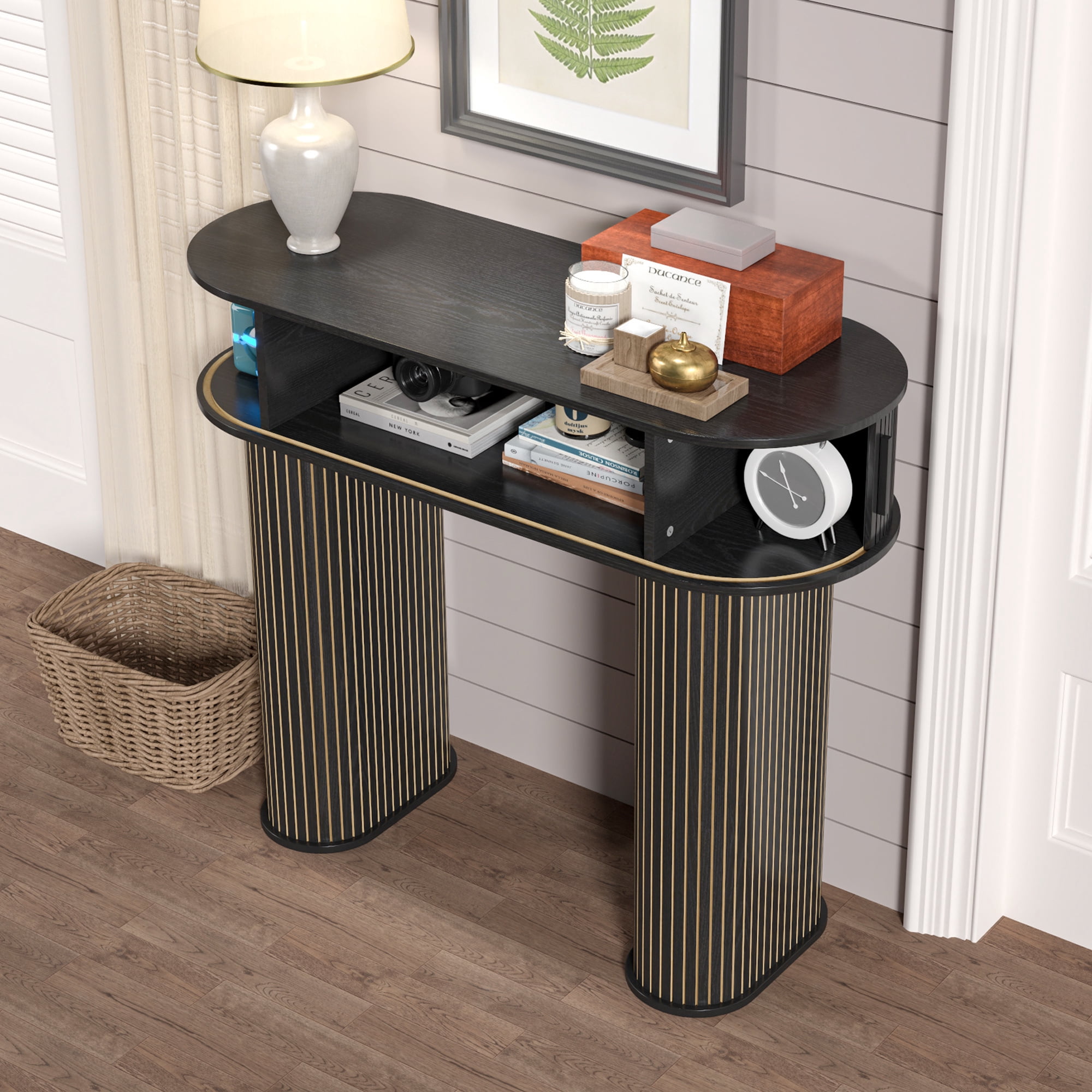 Furtivusia Console Table with Storage, Entryway Table with Sliding Door, Wood Sofa Table for Living Room, Foyer, Hallway, Black