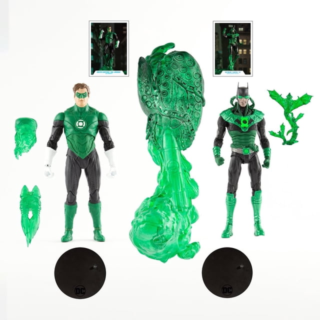 figura de accion mcfarlane toys dc collector green lantern vs dawnbreaker 7 pulgadas 2 pack — Dos figuras articuladas de 18 cm (7") en PVC: Green Lantern y Dawnbreaker con piezas verdes translúcidas, accesorios de efecto energético y dos bases negras con logo DC. Composición frontal sobre fondo blanco.