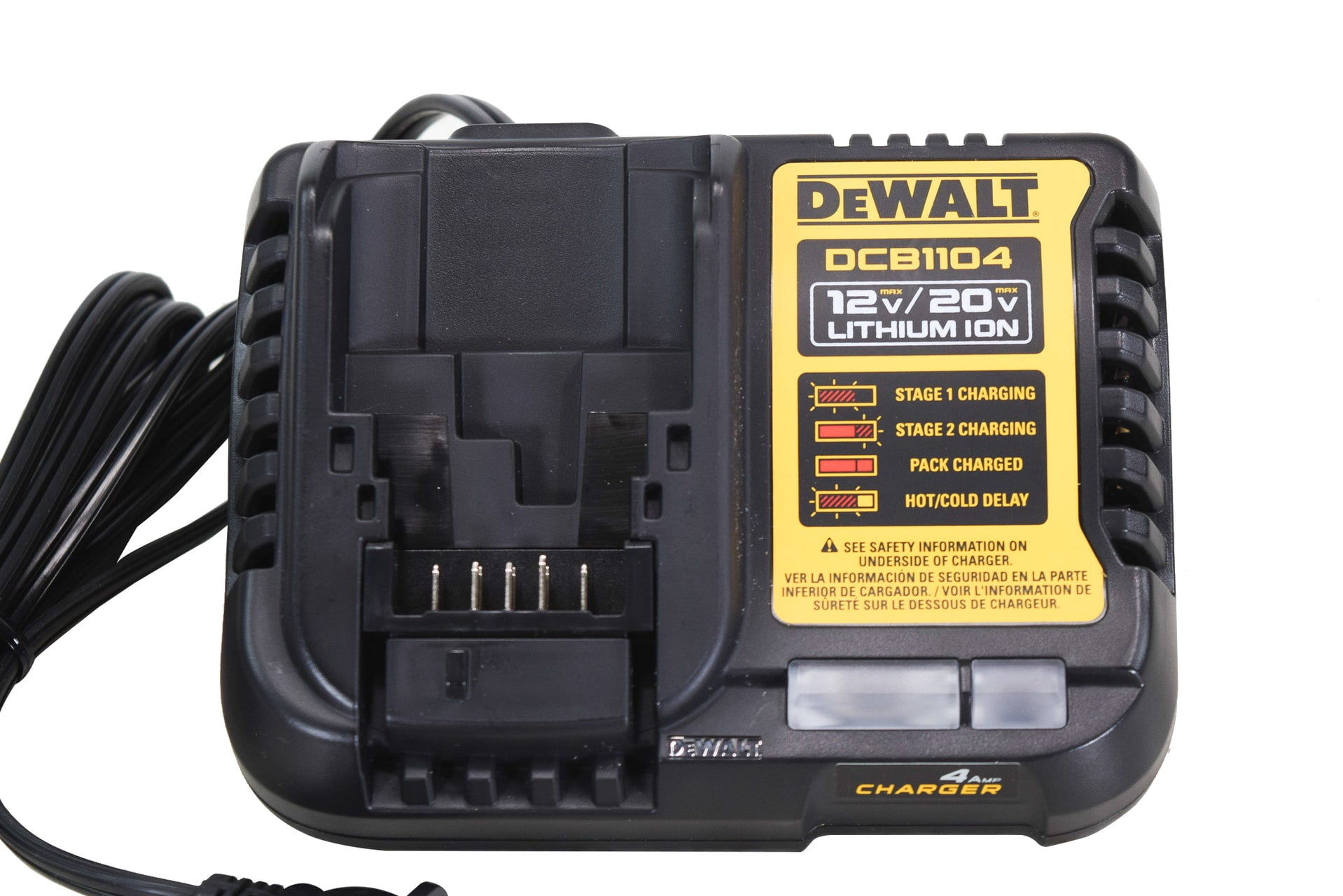 DEWALT 12V MAX and 20V MAX 4 Amp Battery Charger (DCB1104) – Compact Design, LED Charge Indicator, Wall Mount Ready