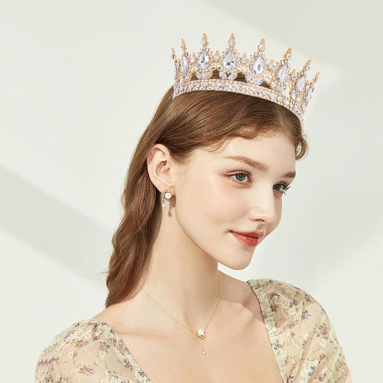 Gold Crystal Bridal Tiara - Elegant Women Accessories 7.5cm Tall Crystal Beads Gold Tiara Crown Wedding Queen Prom  main image 4