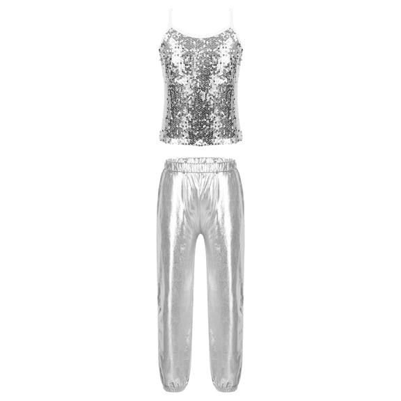TiaoBug Kids Girls Gymnastics Sports Workout Clothes Set Sequins Tank Top with Pants Ballet Dance Performance Costume Silver 10