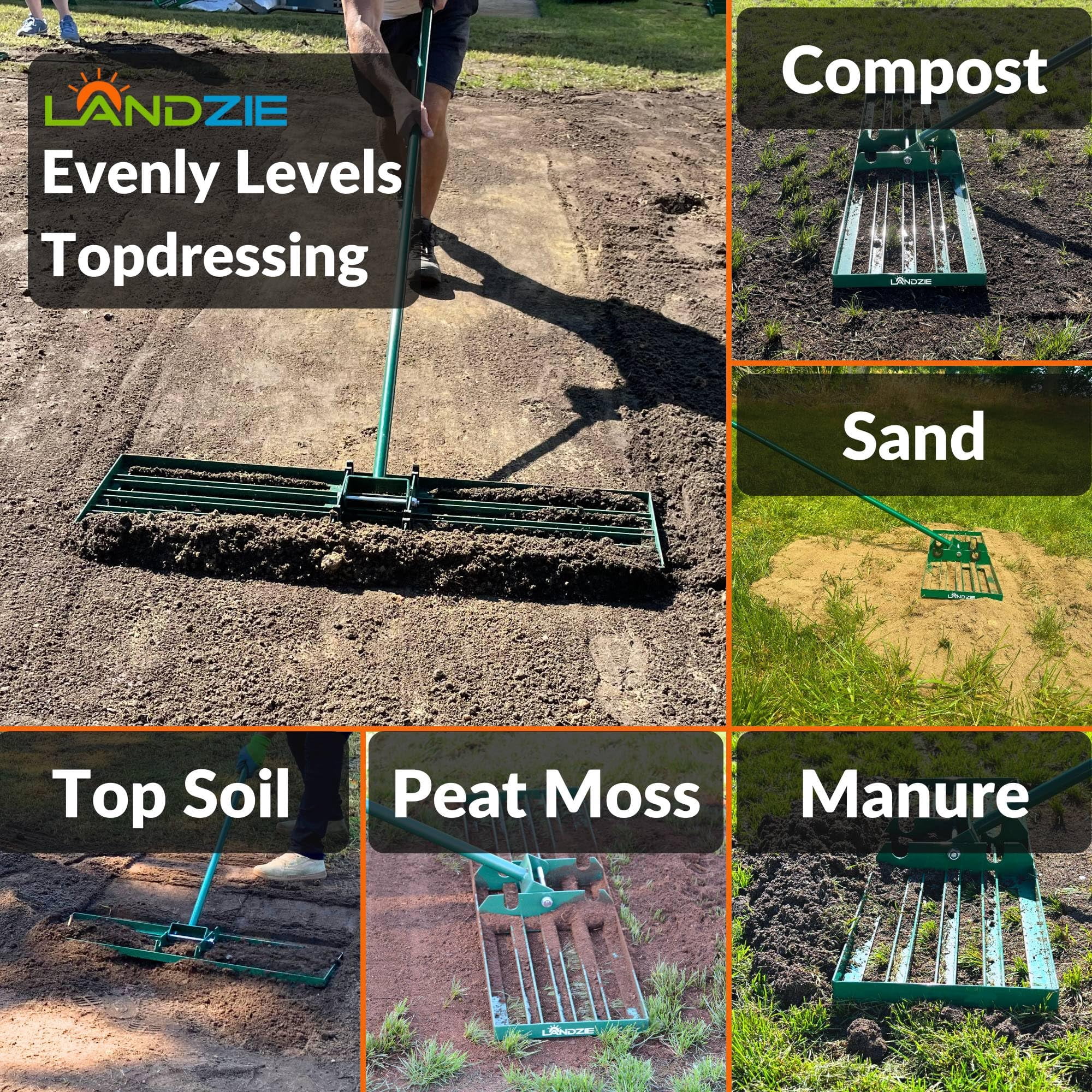 36 Inch Yard Leveling Rake, Lawn Leveler Tool for Soil Dirt Topdressing, Steel Handle Ground Leveler for Professional Landscaping, Green