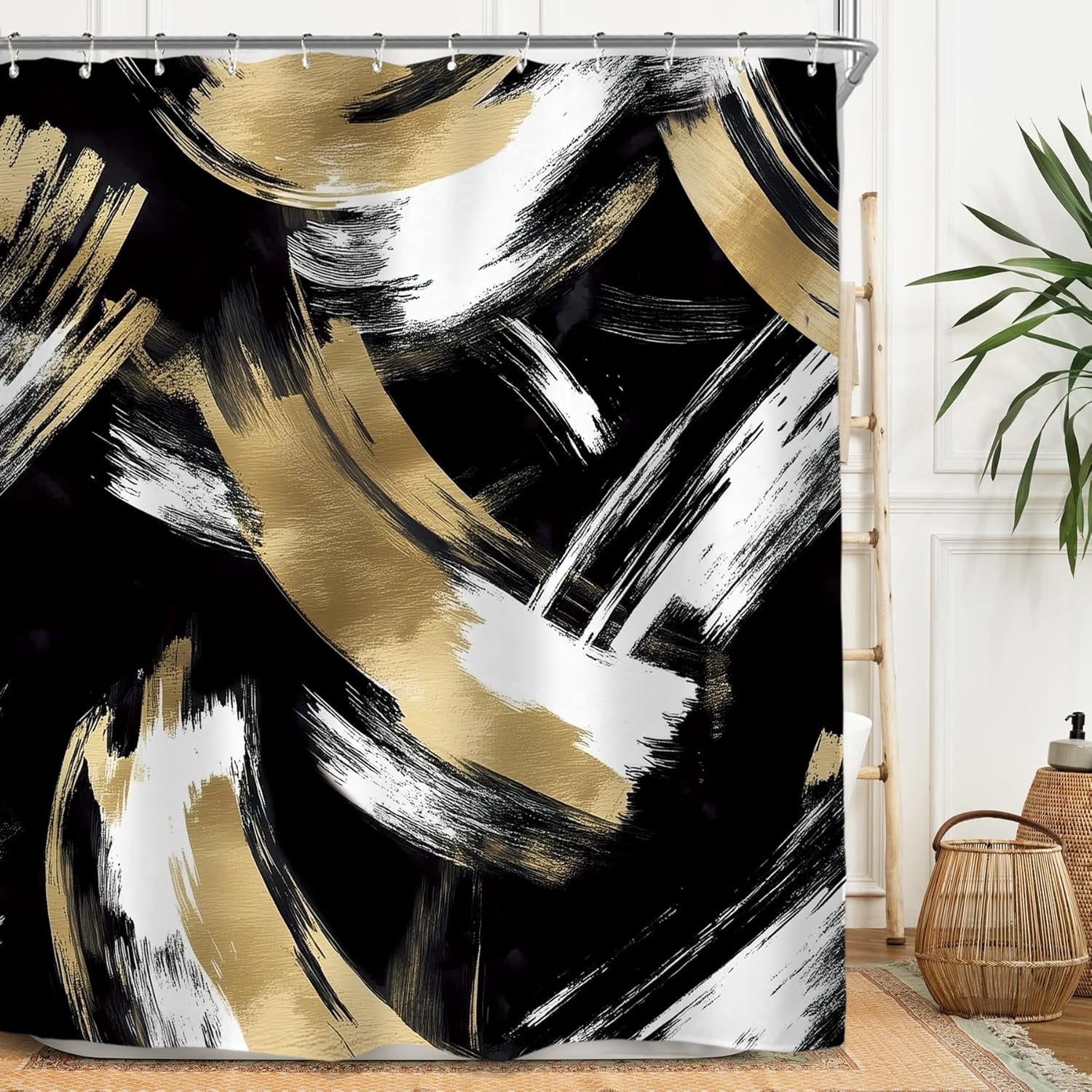 Abstract Modern Black Gold Shower Curtain Set Minimalist Neutral Contemporary Aesthetic Geometric Simple Art Waterproof Bathroom Curtain with Hooks-72"W x 84"L (Pack of 1)
