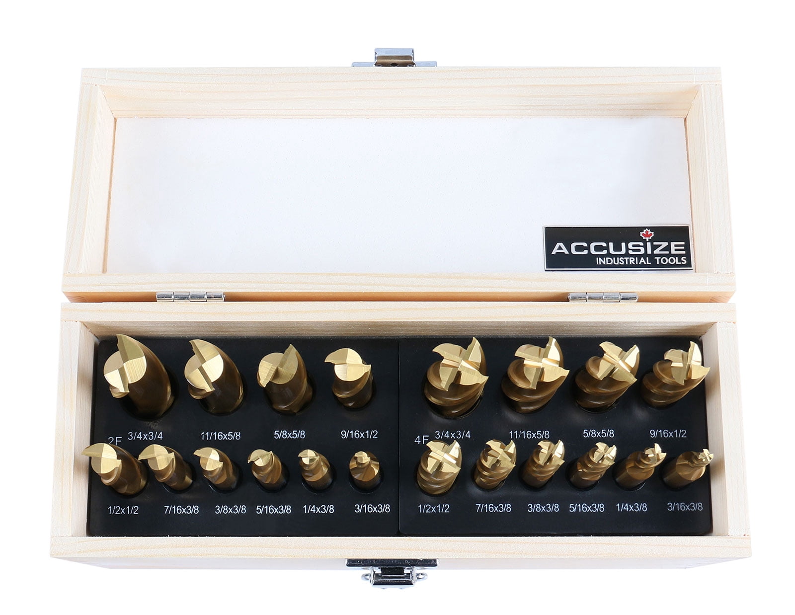 Accusize 20 Pc Hss Tin Coated End Mill Set, 2 Flute and 4 Flute, Cutting Diameter from 3/16'' up to 3/4'', 1810-0100