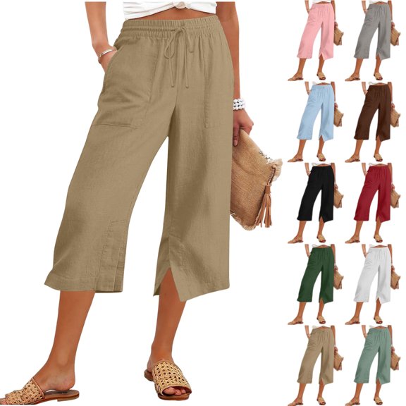 Womens Linen Capri Pants Summer Wide Leg Side Split Loose Pants With Pockets