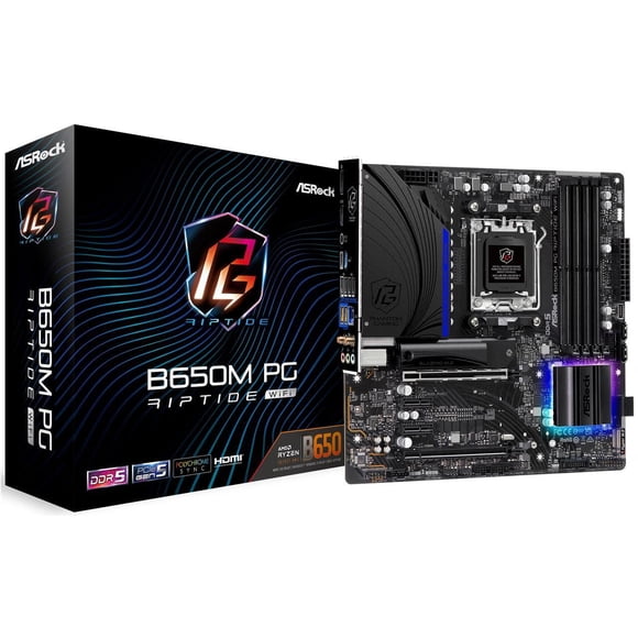 ASRock B650M PG RIPTIDE WIFI AM5 Micro-ATX Motherboard, 4 slots DDR5, 2x PCIe 4.0 x16 Slot, Dual M.2 slots, 2.5Gb Lan, WI-FI AX, 7.1 Nahimic Audio , Rear USB3.2 Gen2X2 Type_C , 12+2+1 Power Phase