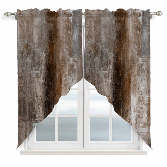 Swag Curtains Valances for Windows, Brown Paint Textured Short Kitchen Window Curtains Over Sink, Abstract Rustic Earthy Tones Cafe Curtains Panel Set Of 2,Rod Pocket, 36 Inches Length