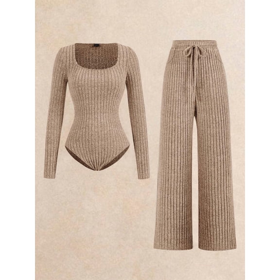 Women's Long Sleeve Square Neck Bodysuit & Drawstring Wide Leg Pants 2 Piece Loungewear Set