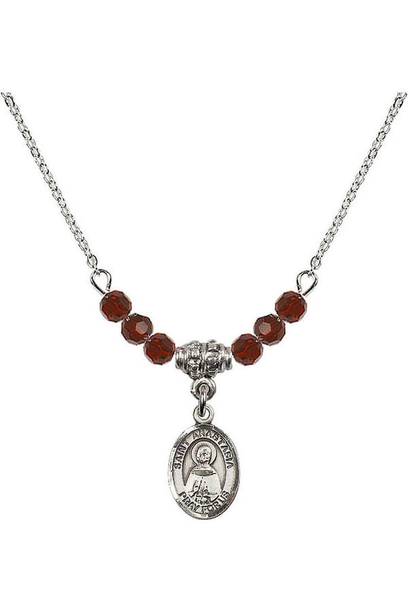 18-Inch Rhodium Plated Necklace with 4mm Red January Birth Month Stone Beads and Saint Anastasia Charm
