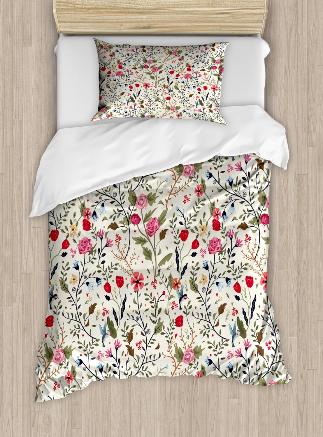 Floral Duvet Cover Set Twin Size, Vibrant Colored Complex Image Birds