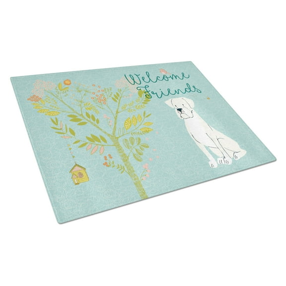 Caroline's Treasures Welcome Friends White Boxer Glass Cutting Board Large