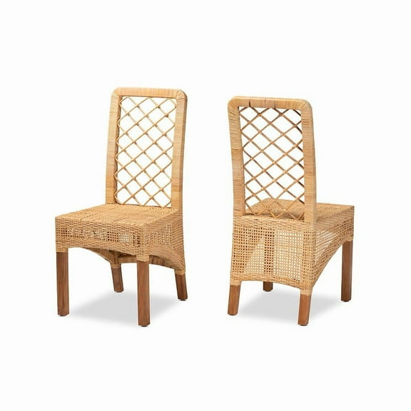 Baxton Studio Moscow Modern Bohemian Natural Brown Rattan and Walnut Brown Finished Wood 2-Piece Dining Chair Set
