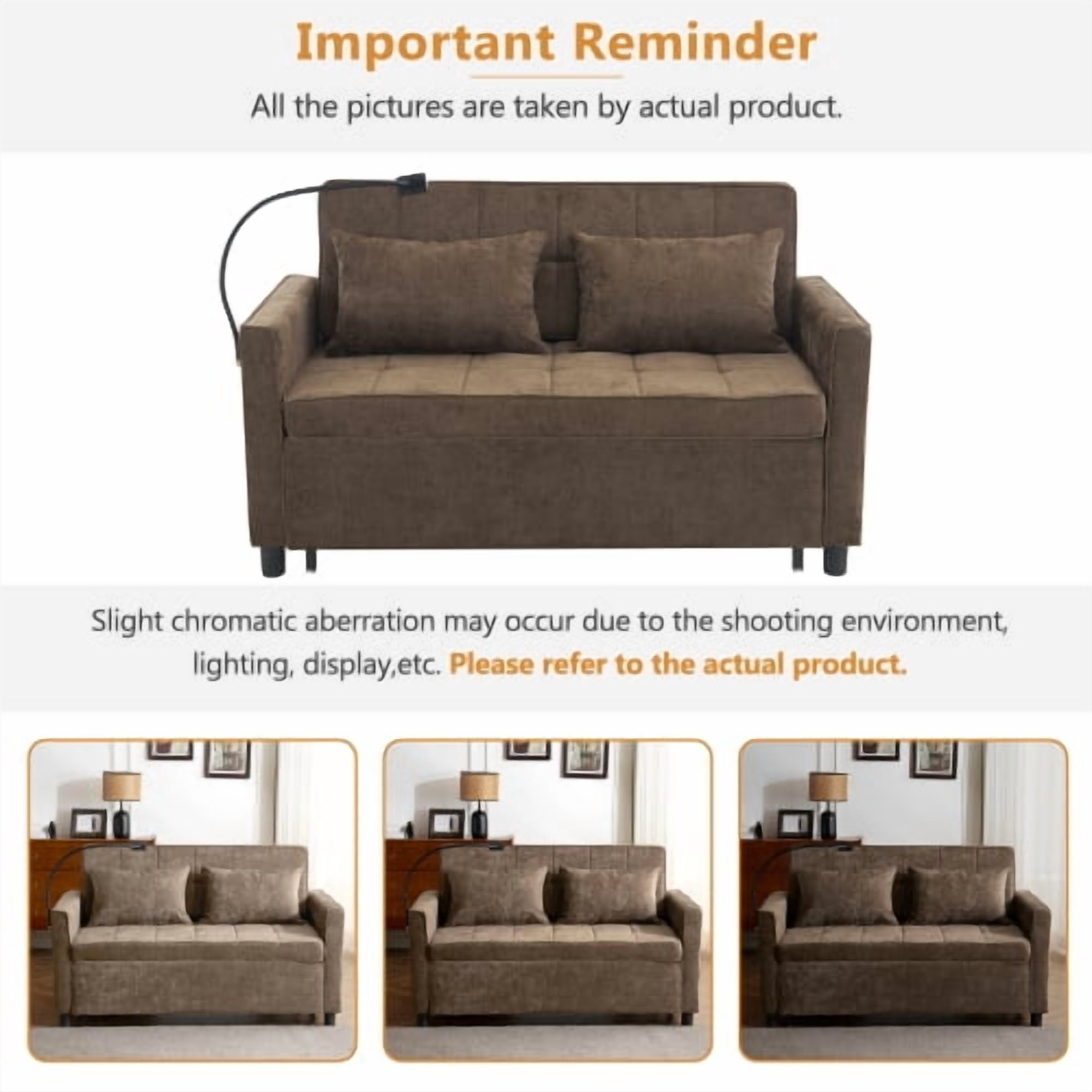 56.9" Loveseat Pull-Out Sofa Bed, Convertible Sleeper Sofa with Reversible Backrest, USB Ports & Phone Holder, Chenille Couch for Living Room, Brown
