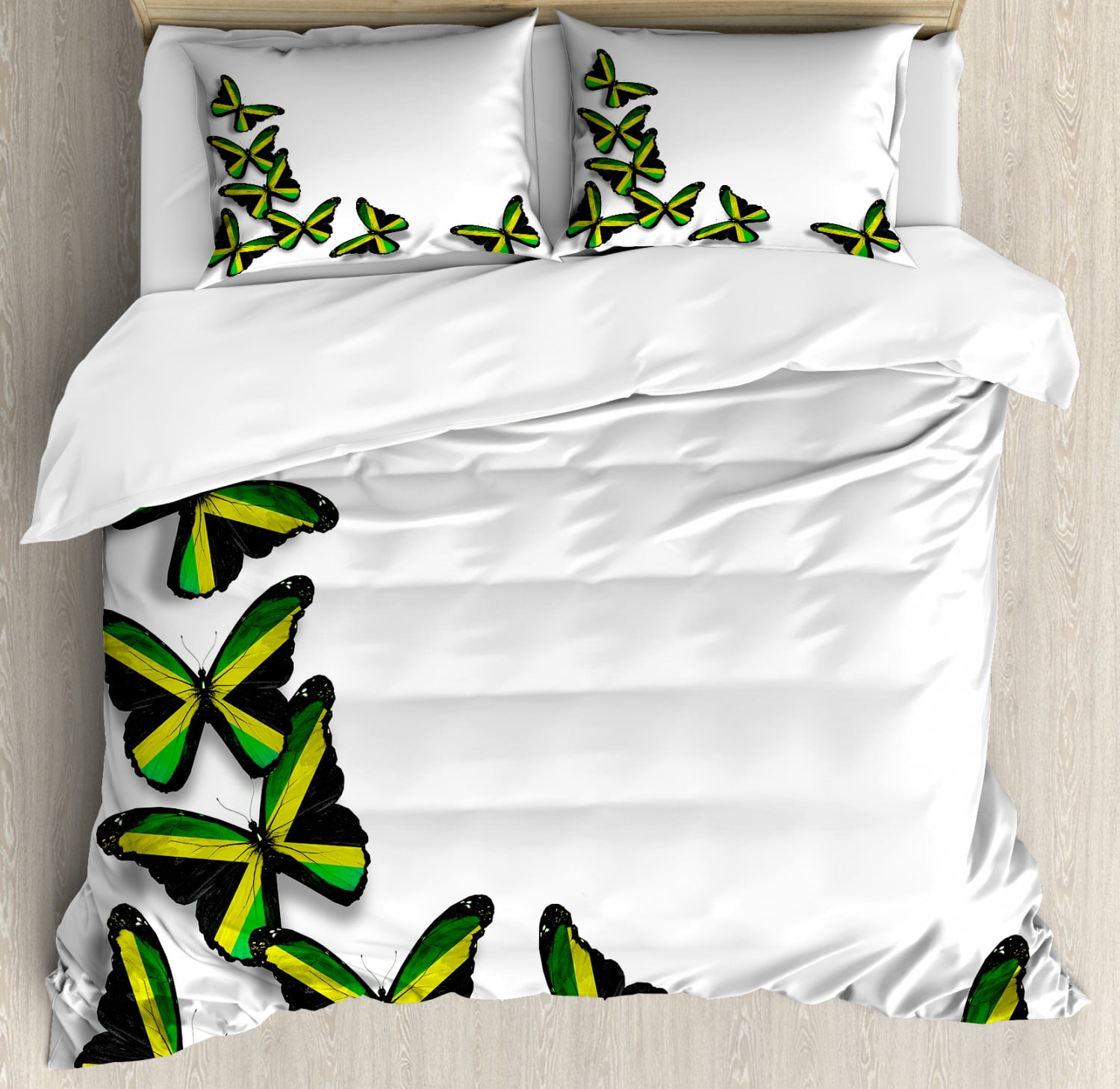 Jamaican Duvet Cover Set King Size, Buterflies Flag Motifs Caribbean