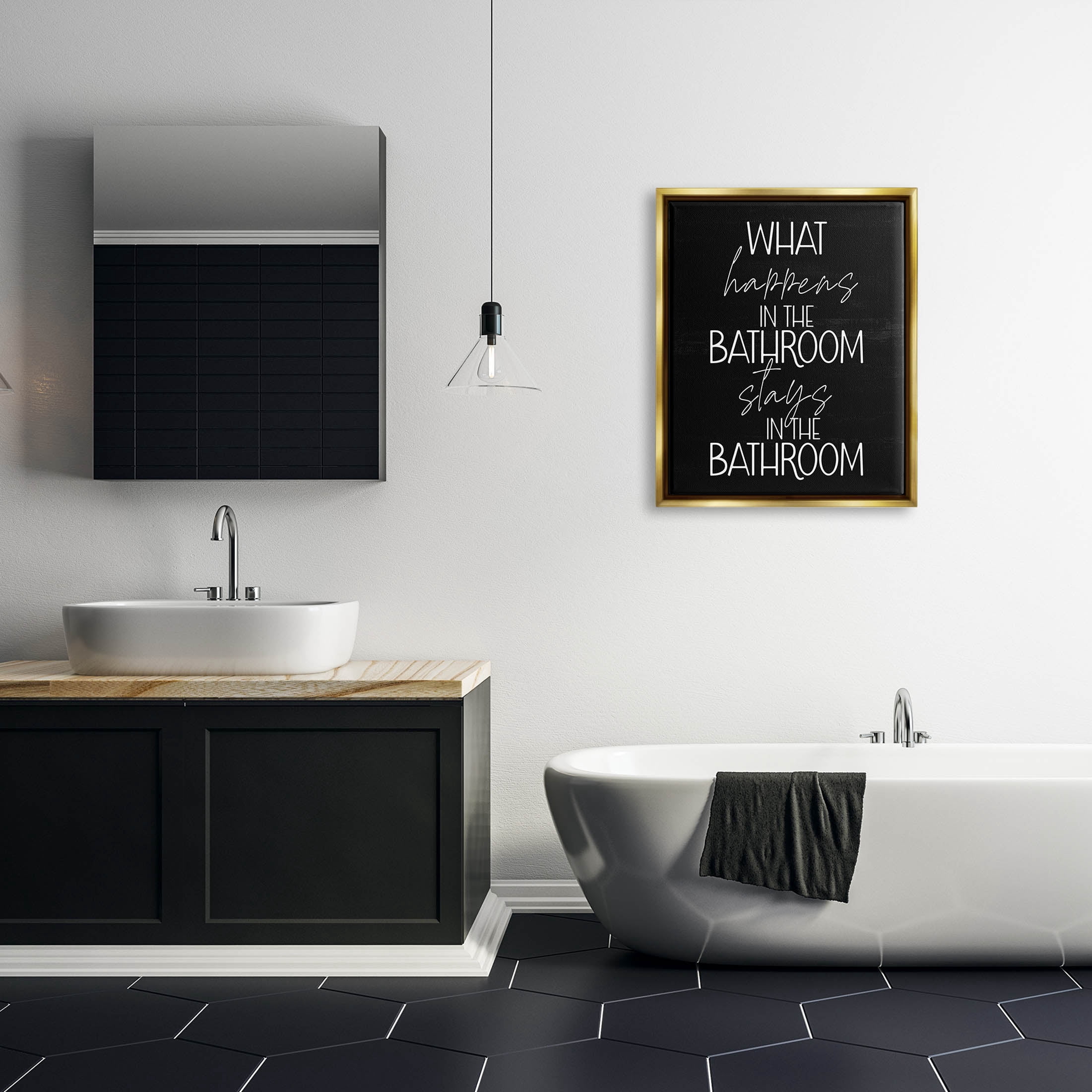Stupell Industries What Happens In The Bathroom Graphic Art Metallic Gold Floating Framed Canvas Print Wall Art, Design by Lil' Rue