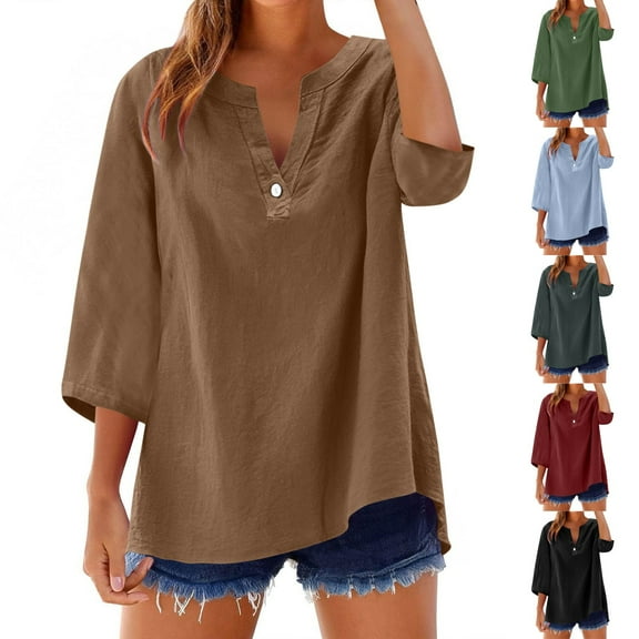 Fanxing Linen Shirts for Women Summer 2025 Breathable 3/4 Sleeve Tops Casual Crewneck Solid Vacation Blouse S-2XL
