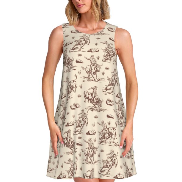 Balery Cowboy Sitting On Cow Back Vestidos de verano para mujer con estampado: vestido holgado sin mangas, vestido playero informal y cómodo para días calurosos.