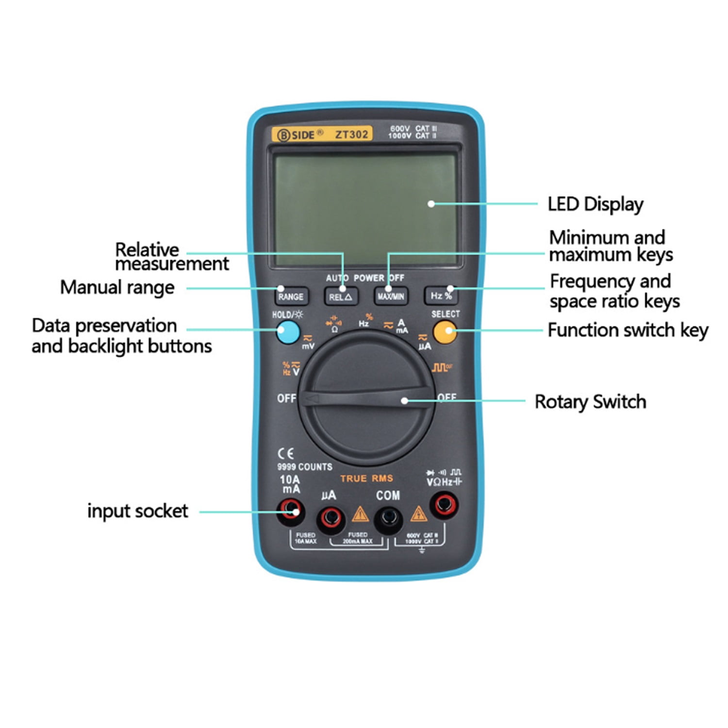 ZT302 True RMS Digital Multimeter 9999 Counts Multifunction Voltage Temperature Capacitance Tester DMM
