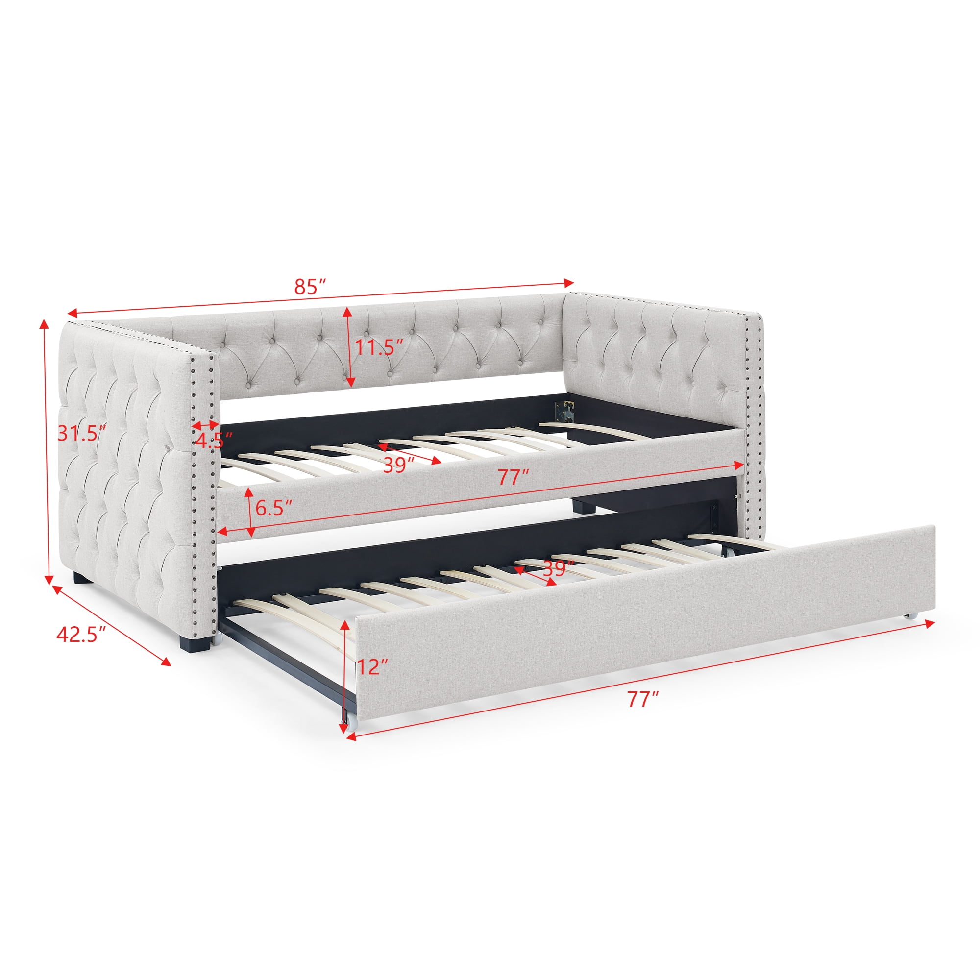 DEALTOPS Upholstered Twin Daybed with Trundle, Modern Wood Day Bed with Button Tufted Pull Out Sofa Bed Daybed with Copper Nail for Living Room - Beige