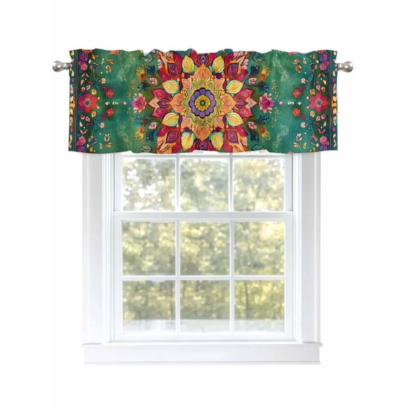 Boho Floral Valances for Windows, Rod Pocket Kitchen Valance Curtains - Soft & Washable Small Window Treatment for Living Room, Bathroom, Red Green Pattern , 42x12 Inch, 1 Panel