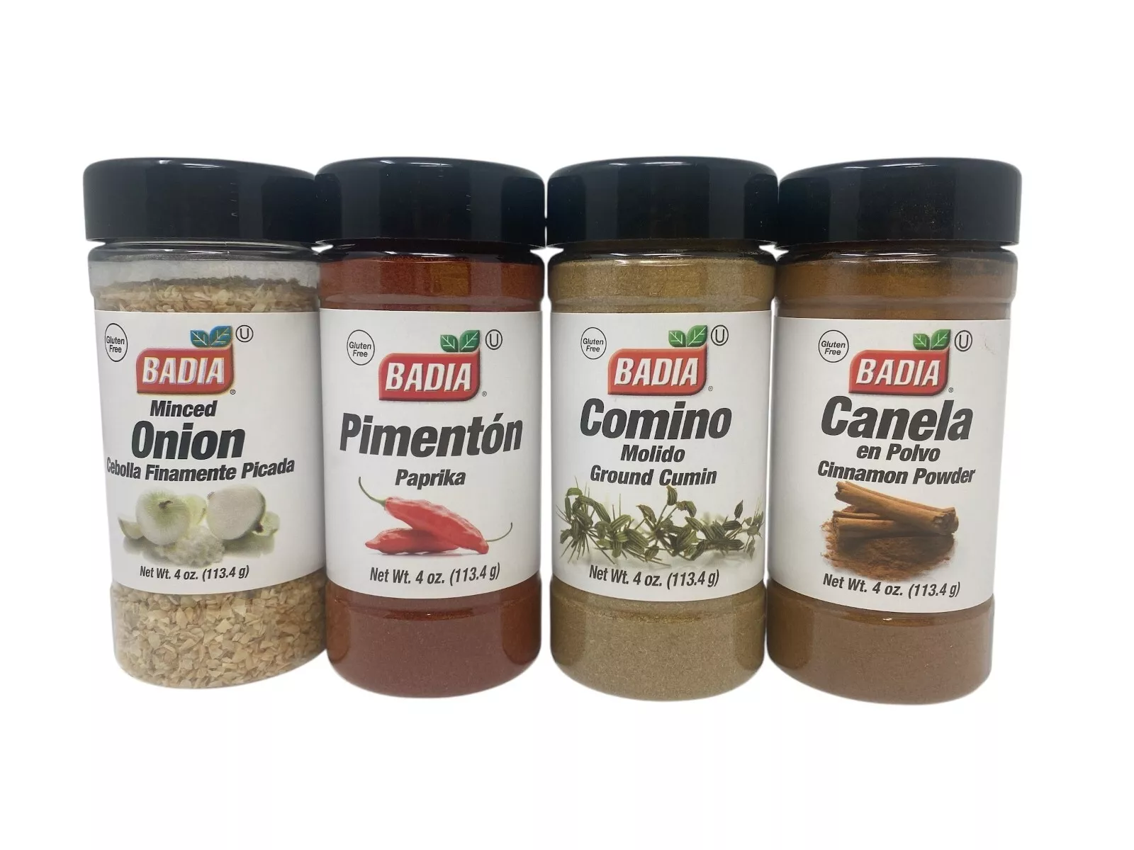 Set of 4 Badia Seasonings - Minced Onion, Paprika, Ground Cumin, Cinnamon Powder (4 oz each)
