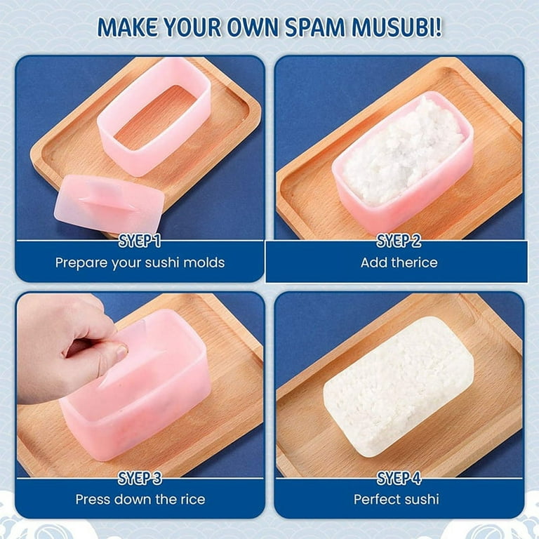 Ajerg 5 Pcs Spam Musubi Maker Mold Press (Non Stick) with Luncheon Meat Slicer Kit Sushi Rice Ball Mold Blue Onigiri Mold Sushi Making Set Luncheon Meat Hot