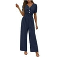 thumbnail image 3 of Costeam Womens Short Sleeve Button Front V Neck Jumpsuit Ruched Cinched Waist Wide Leg Full Length Solid Color Wrinkle Resistant Loose Casual One Piece Long Trousers Outfit, 3 of 9