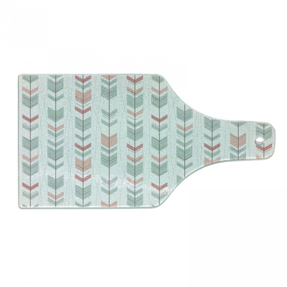 Geometric Cutting Board, Abstract Design with Chevron Triangles and Stripes Dots Modern Image, Decorative Tempered Glass Cutting and Serving Board, Wine Bottle Shape, Pale Blue and Pink, by Ambesonne