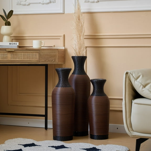 Handmade Rattan Floor Vase (Set Of 3), Tall Vase, Two-Tone Finish, Flower Decorative Vase